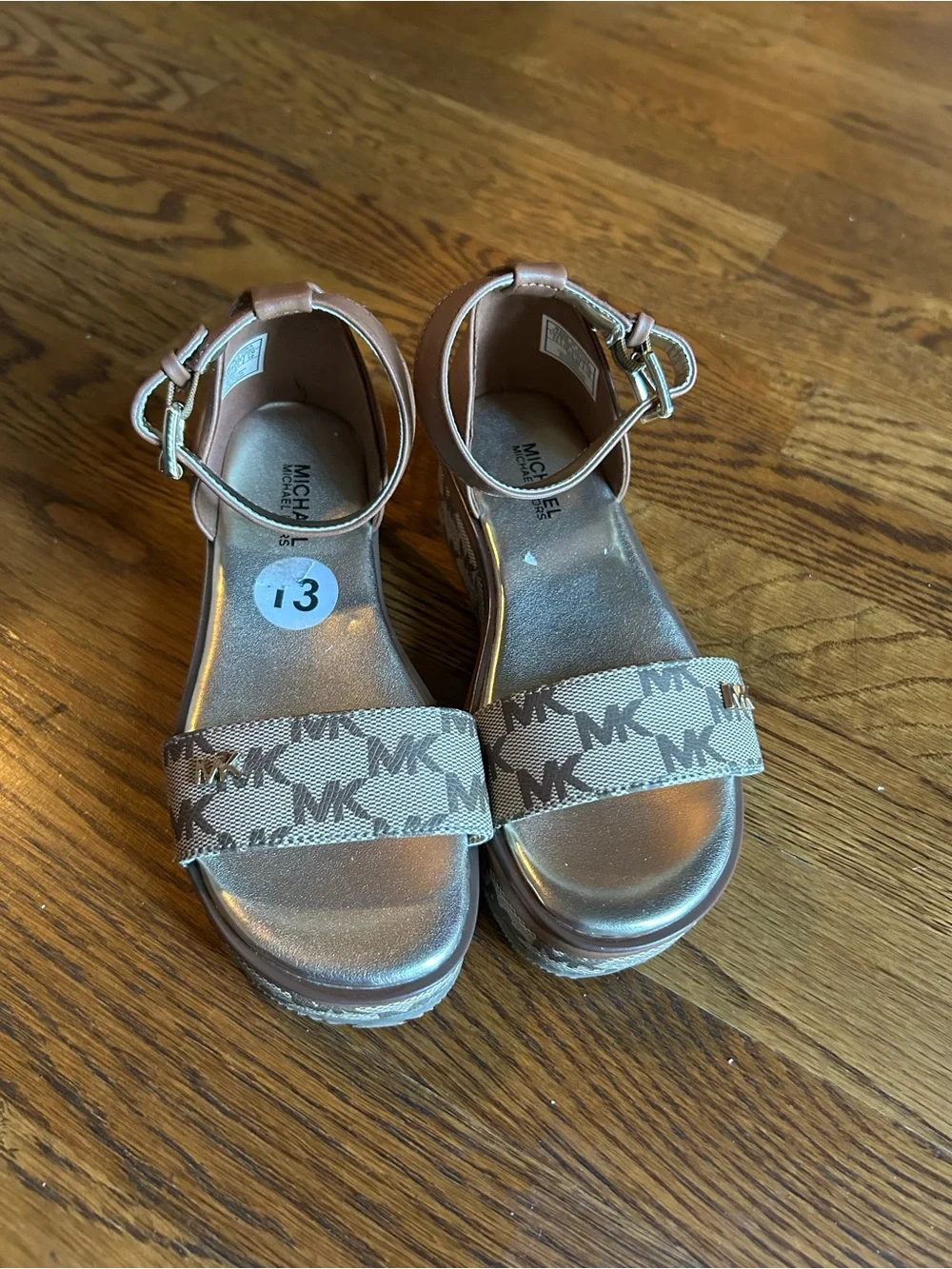 Michael Kors Girls Platform Sandals Size 13 Brown MK Logo Wedge Sandals